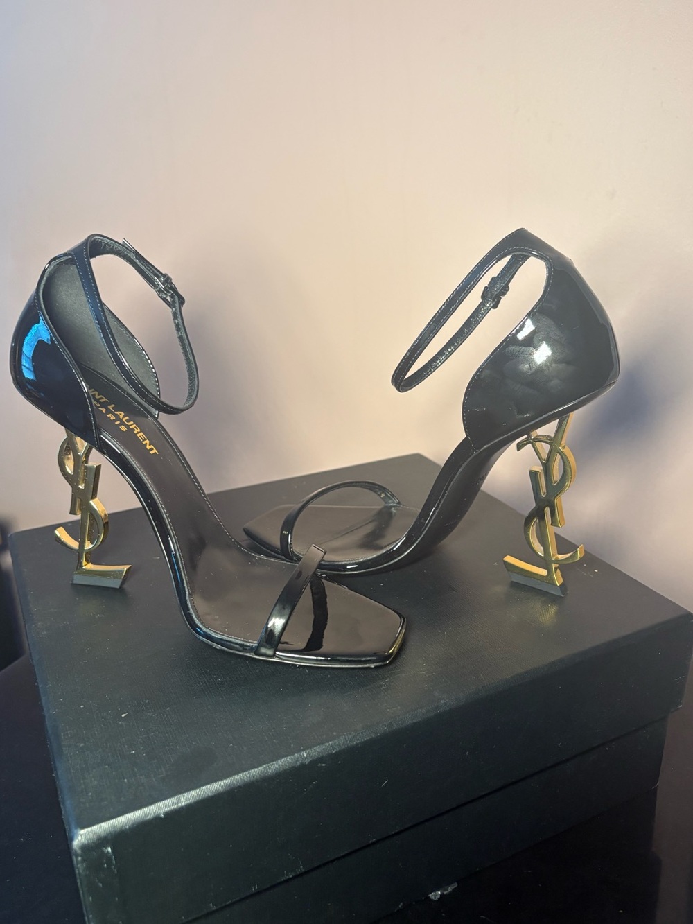 Saint Laurent Black Patent Leather Sandals with Gold YSL Sculpted Heel